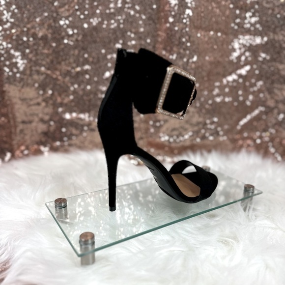 Black Suede Open Toe Heels with Gold Buckle on Ankle Strap - Picture 3 of 4